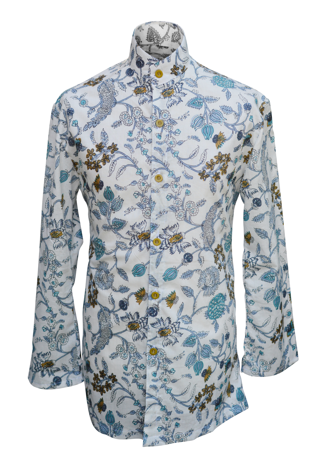 White blue and green psychedelic floral kaftan shirt